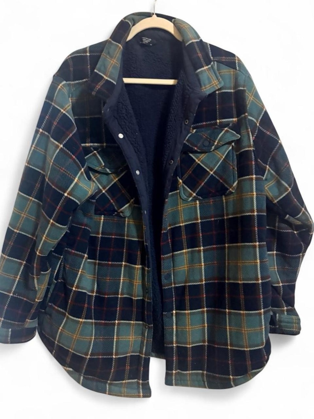 Men's Green and Black Plaid Sherpa-Lined Shirt Jacket Sz XXL